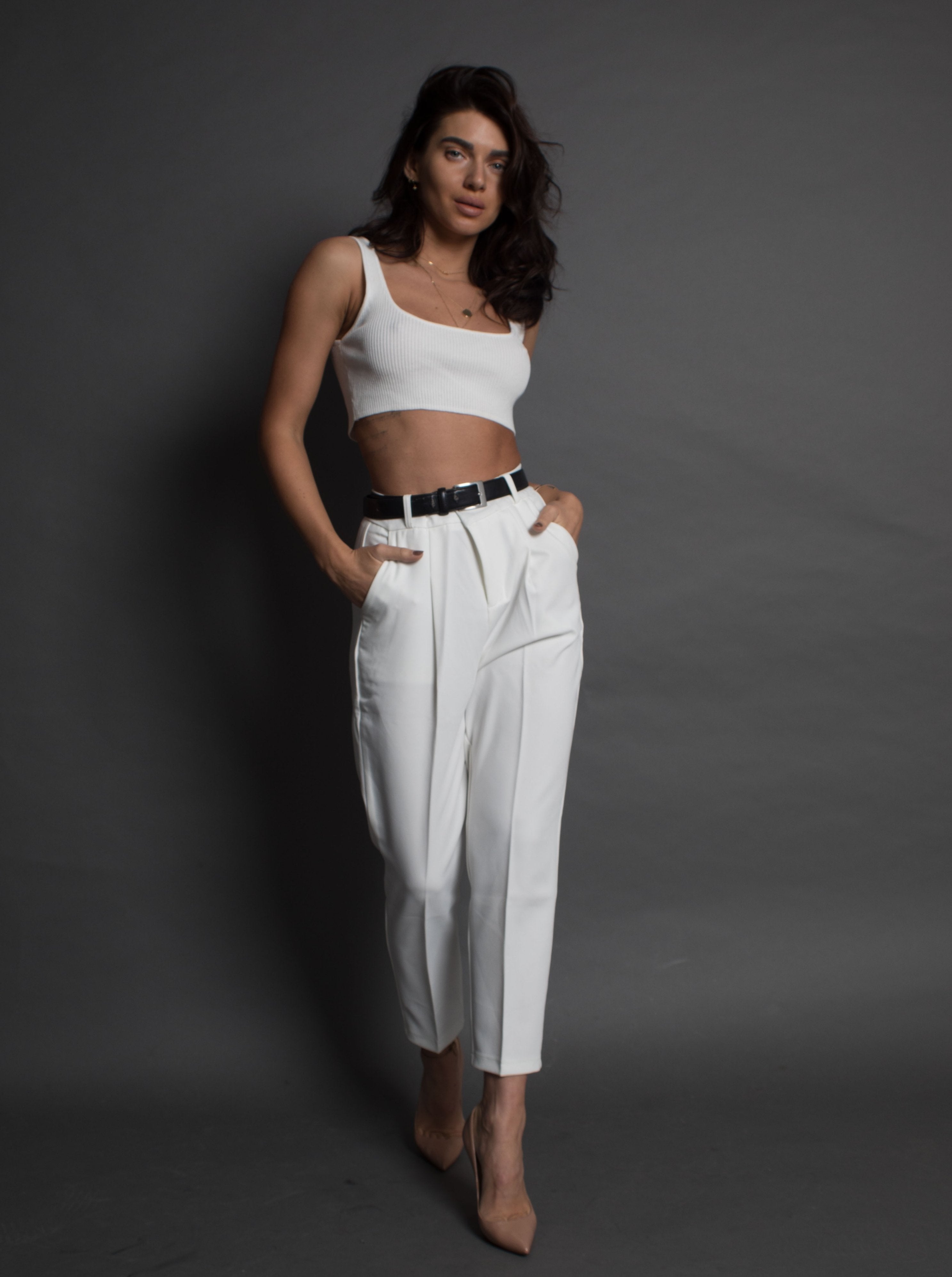 High waisted white trousers