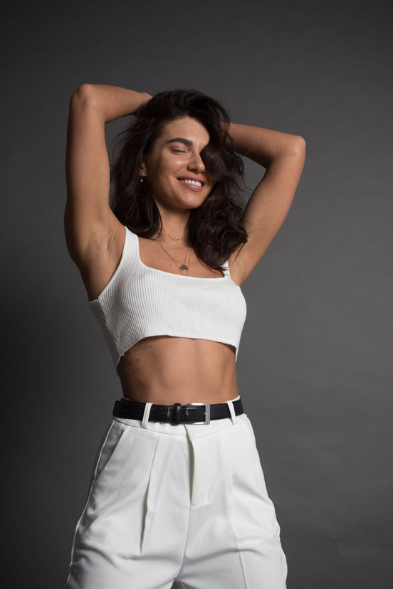 High waisted white trousers