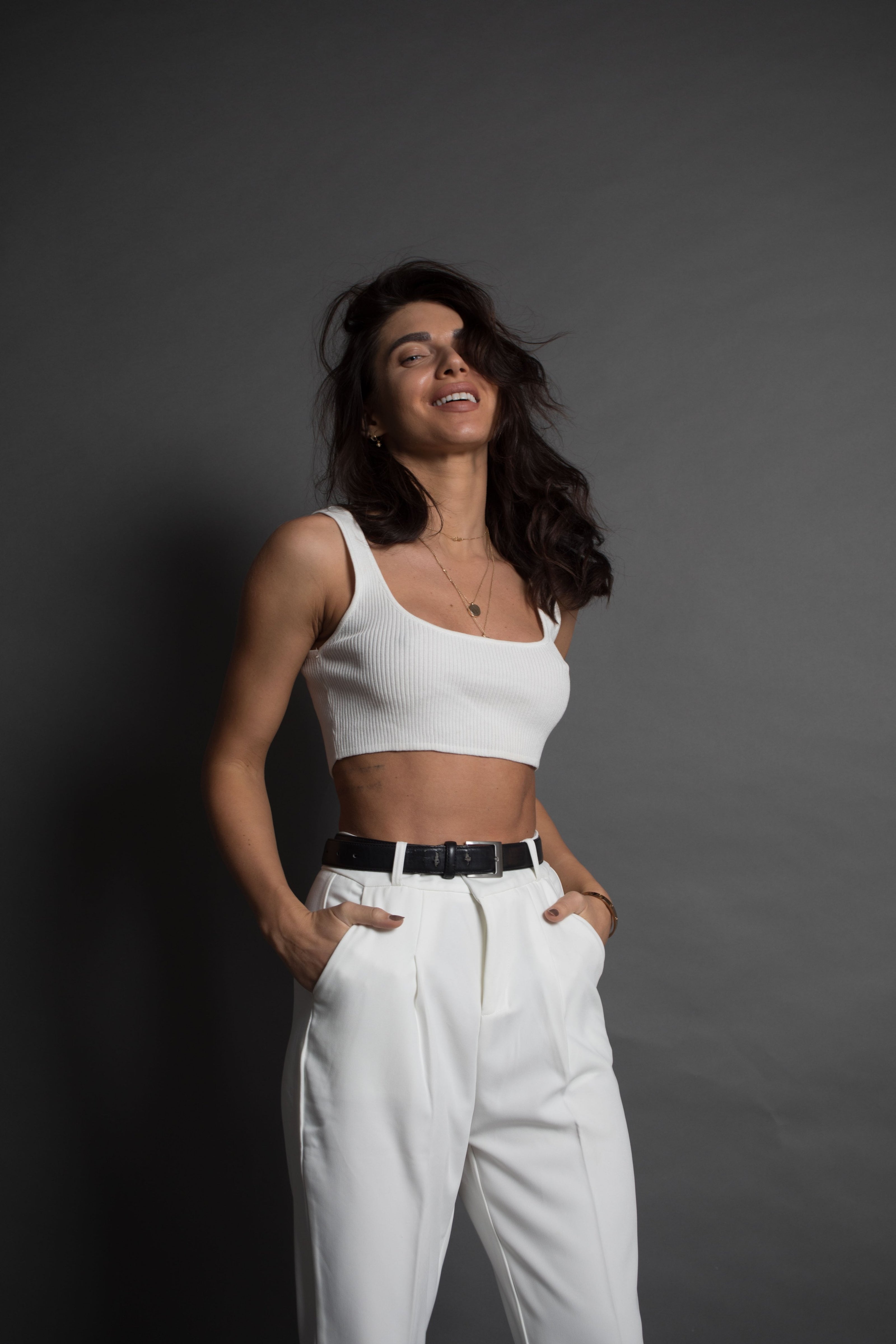High waisted white trousers