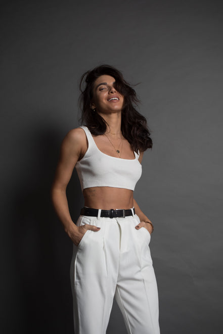 High waisted white trousers