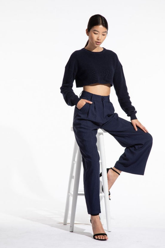 navy wide leg trousers
