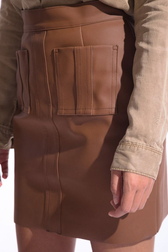 Brown faux leather pocket skirt