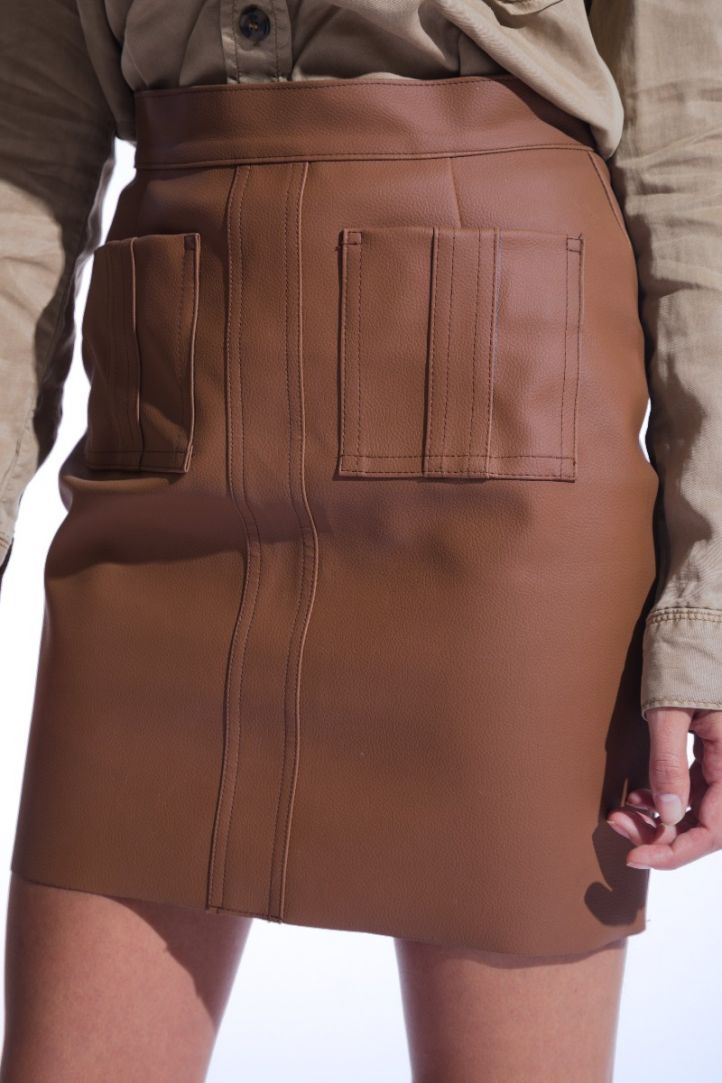 Brown faux leather pocket skirt