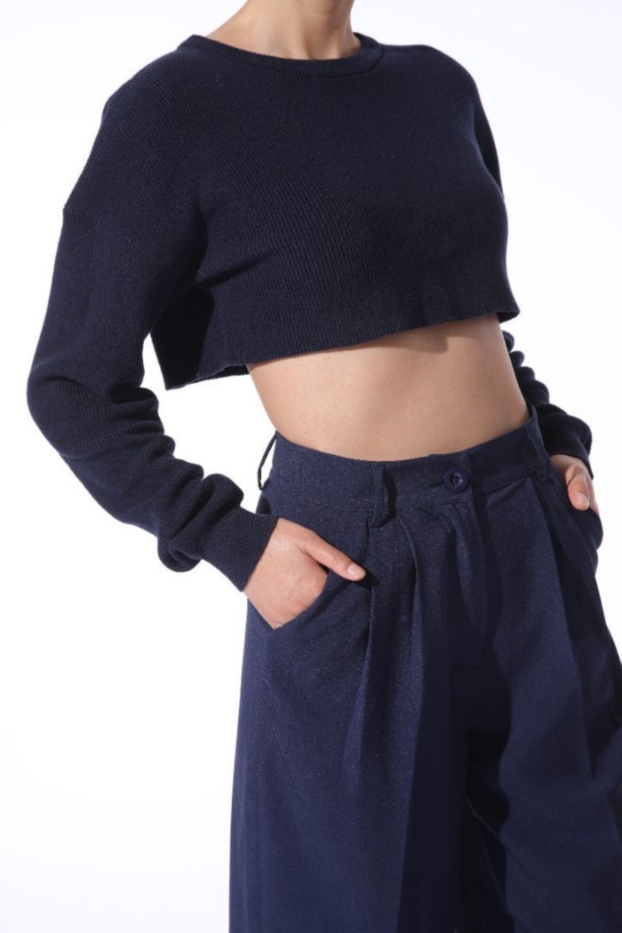 navy wide leg trousers