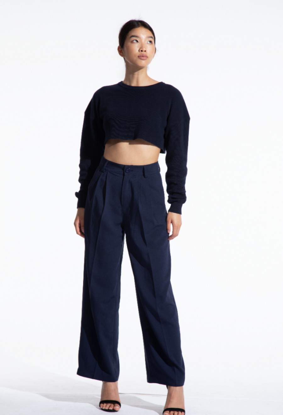 navy wide leg trousers